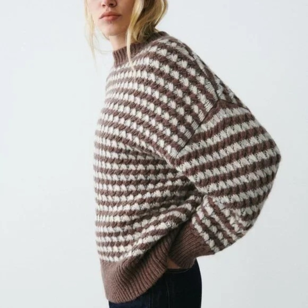 ZARA Wool Chunky Knit Oversized Sweater Brown Grey Stripes Pullover Knit Small - Picture 6 of 16